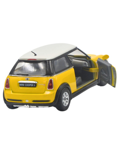 Mini Cooper amarillo techo blanco Escala 1:28- Sin gasolina